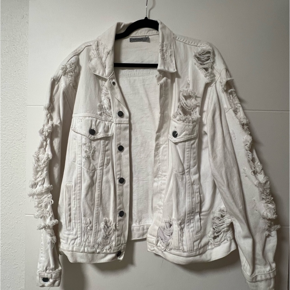 CarMar White Denim Jacket Distressed Vintage Ripped